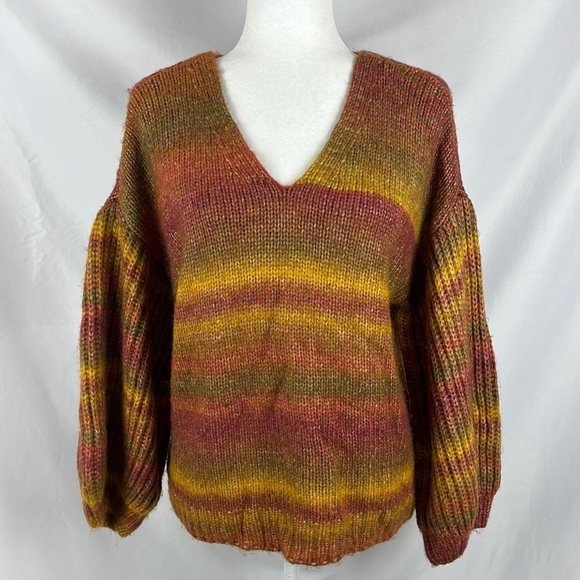 Chelsea & Violet Multicolor Puff Sleeve Knit Boho Hippie Sweater Womens Size M - Picture 1 of 7